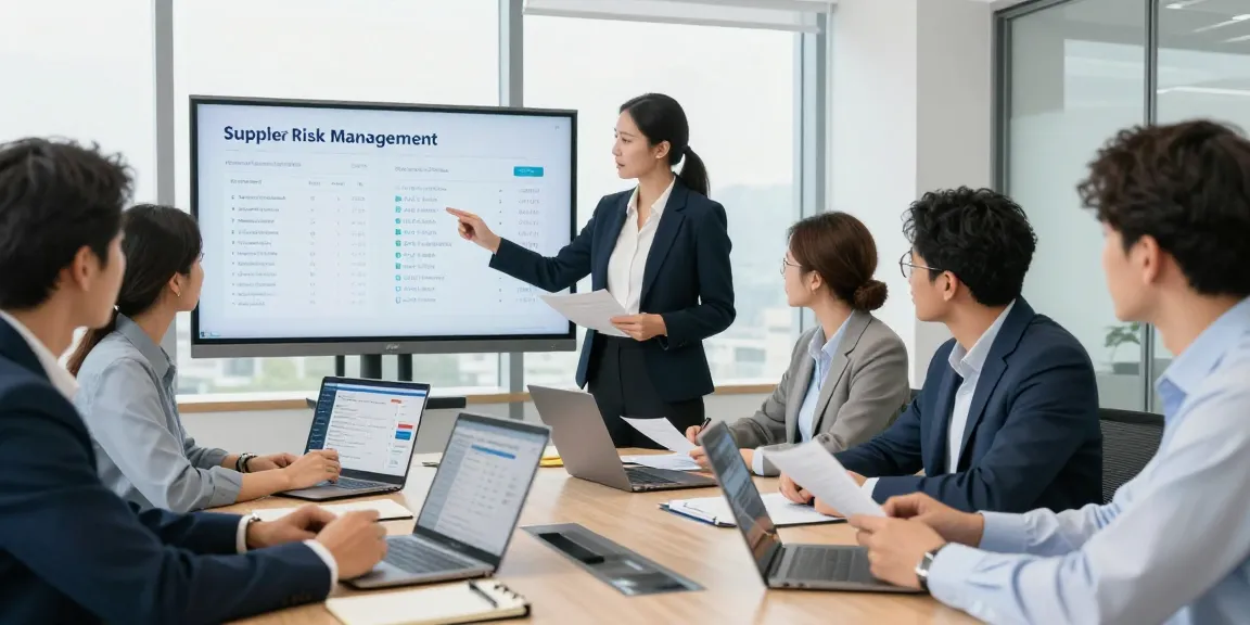 Vendor risk management team analyzing supplier risk assessments in a modern office setting.